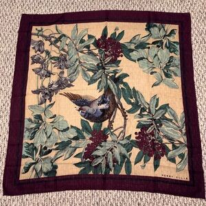 Vintage Perry Ellis Bird & Botanical Wool Scarf in Burgundy, Cream, Green
